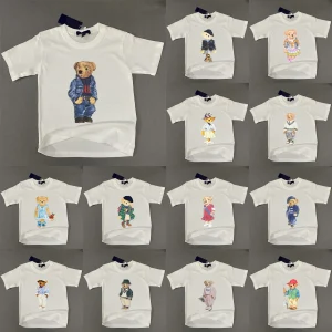 Kids T-shirts Toddlers Short Sleeve tshirts Boys Girls Cartoon Bear Printed Cotton Tops Children Youth Round Neck Tees Black White Blue Orange Yellow Size 110-150cm